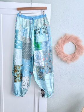 Patchwork Light Blue Women's Joggers with Drawstring Waist